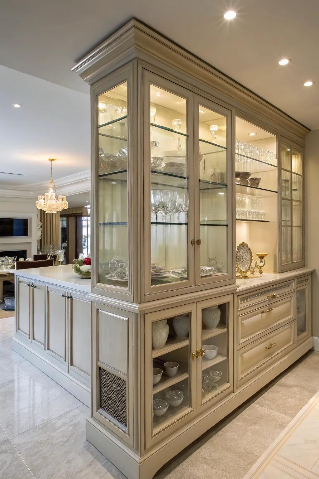 A glass-front credenza offers classic elegance and stylish organization.