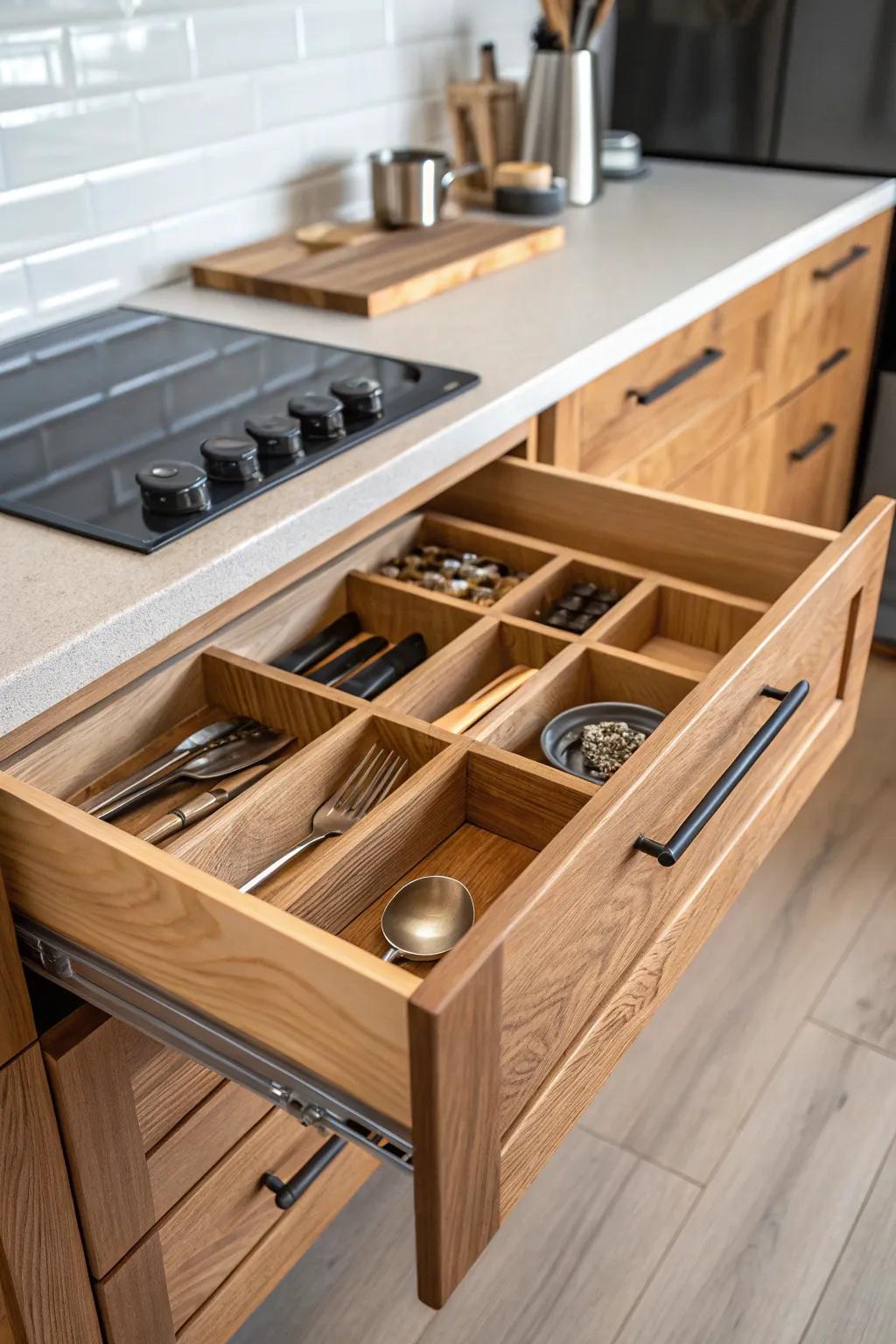 Add a touch of elegance with real wood effects for your kitchen drawers.