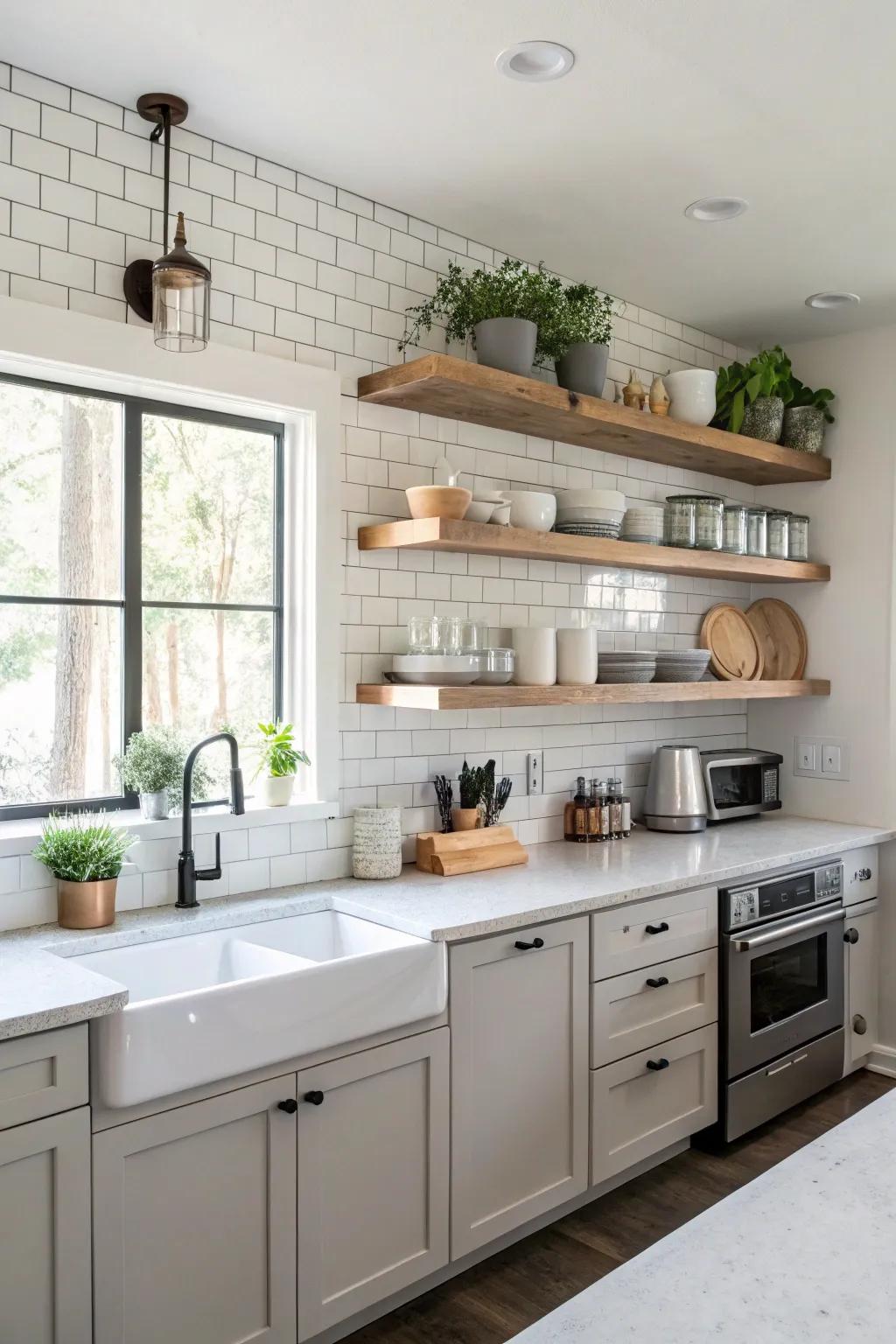 Well-placed shelves maximize kitchen space.