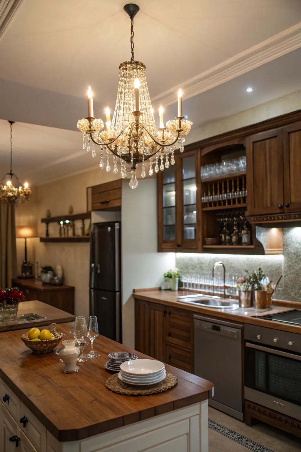 Pendant lighting adding sophistication to the kitchen.