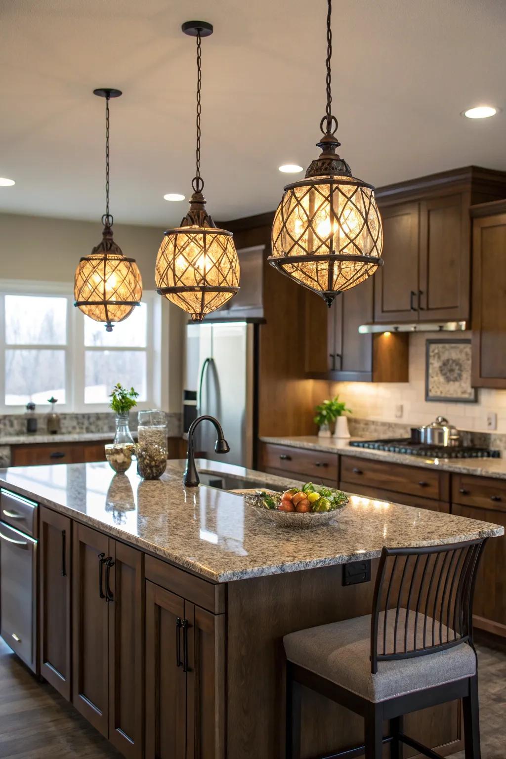 Pendant lighting adds style and defines kitchen spaces.