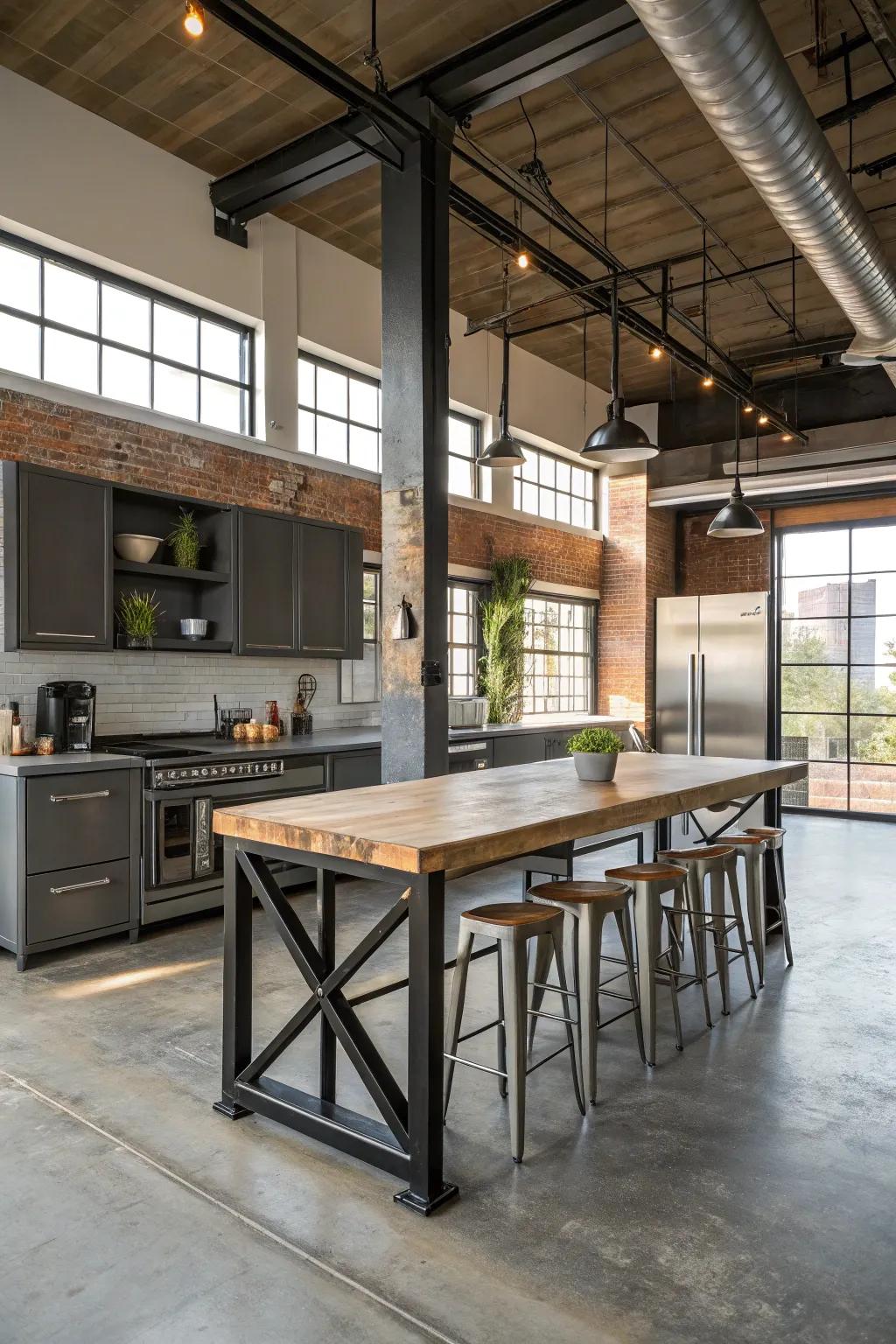 Urban toughness for an impactful kitchen island dining arrangement.