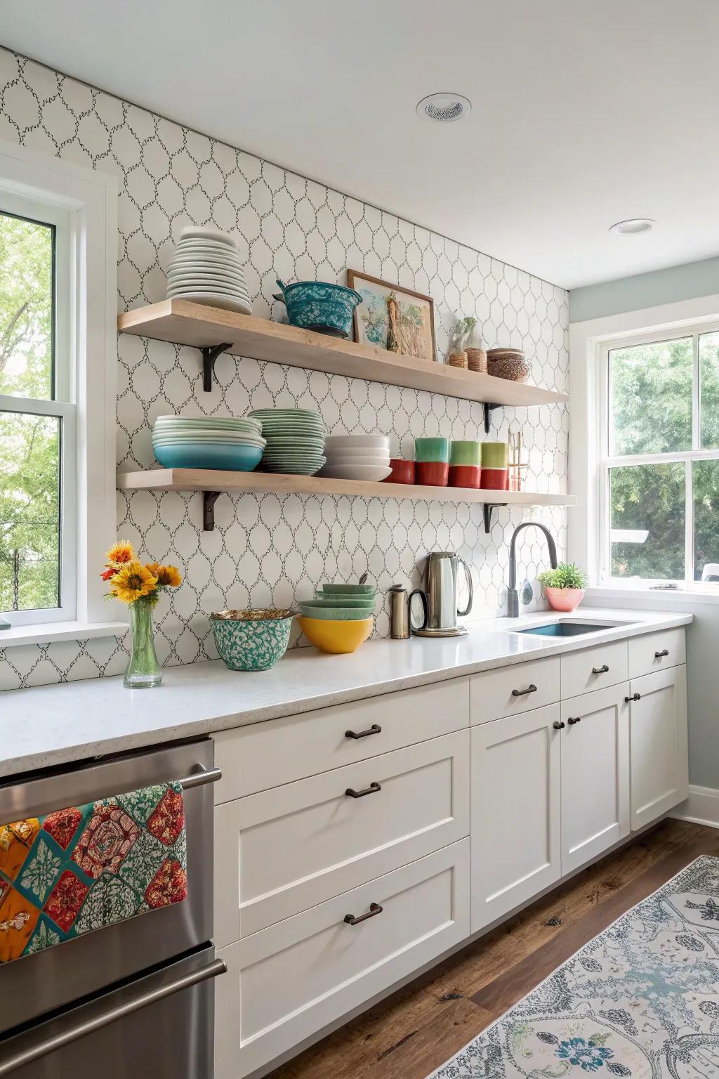 A kitchen with a custom backsplash and exposed shelves for a personal touch.