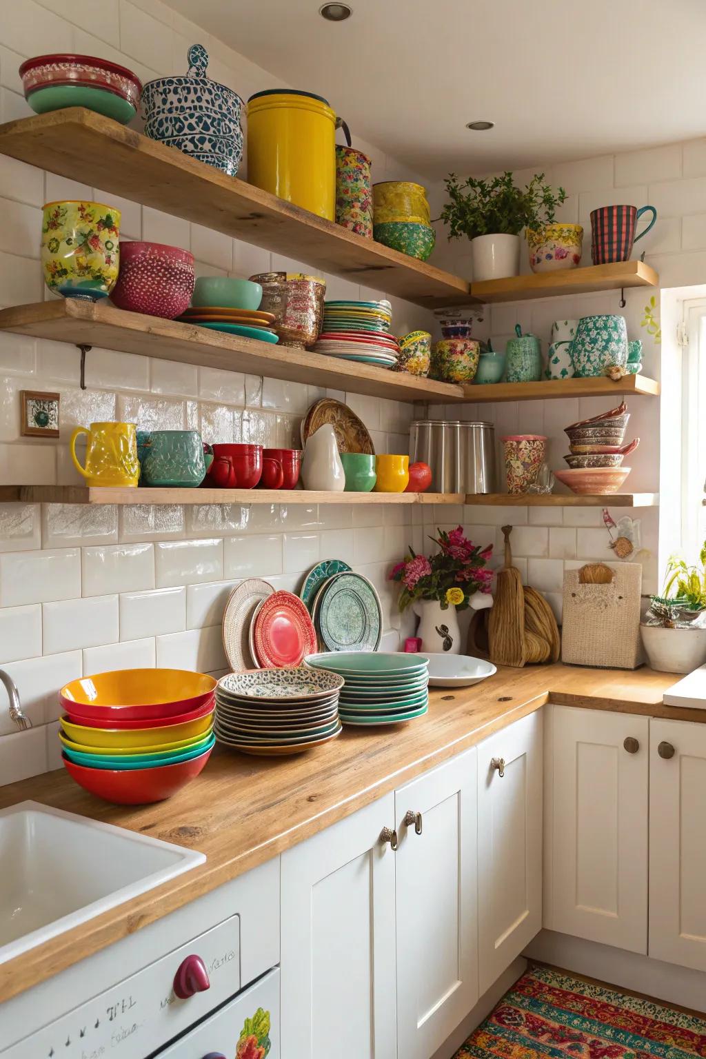 Exposed shelving brings character and spaciousness into your cooking area.