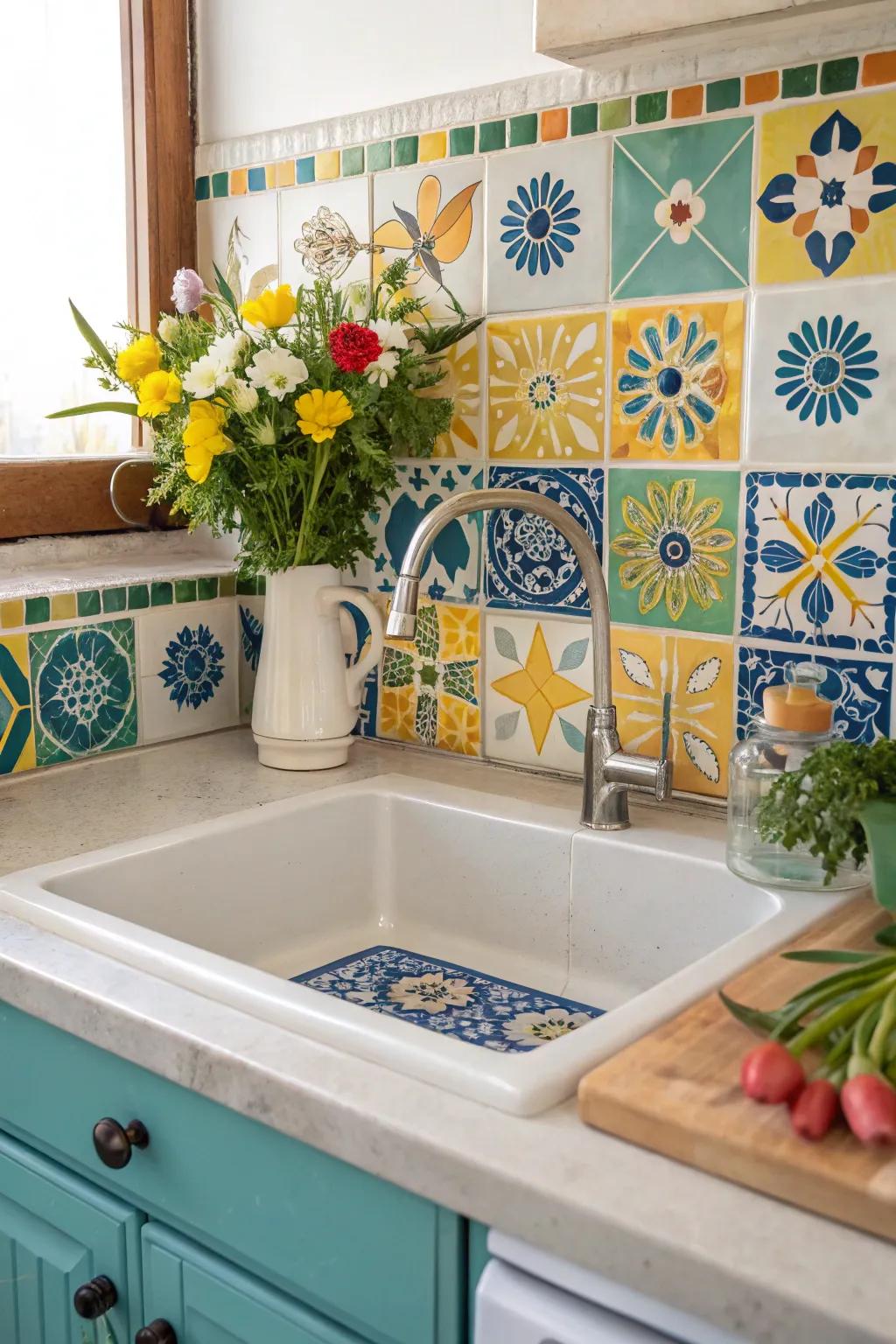A lively sink area enhanced with colorful tiles and decor.