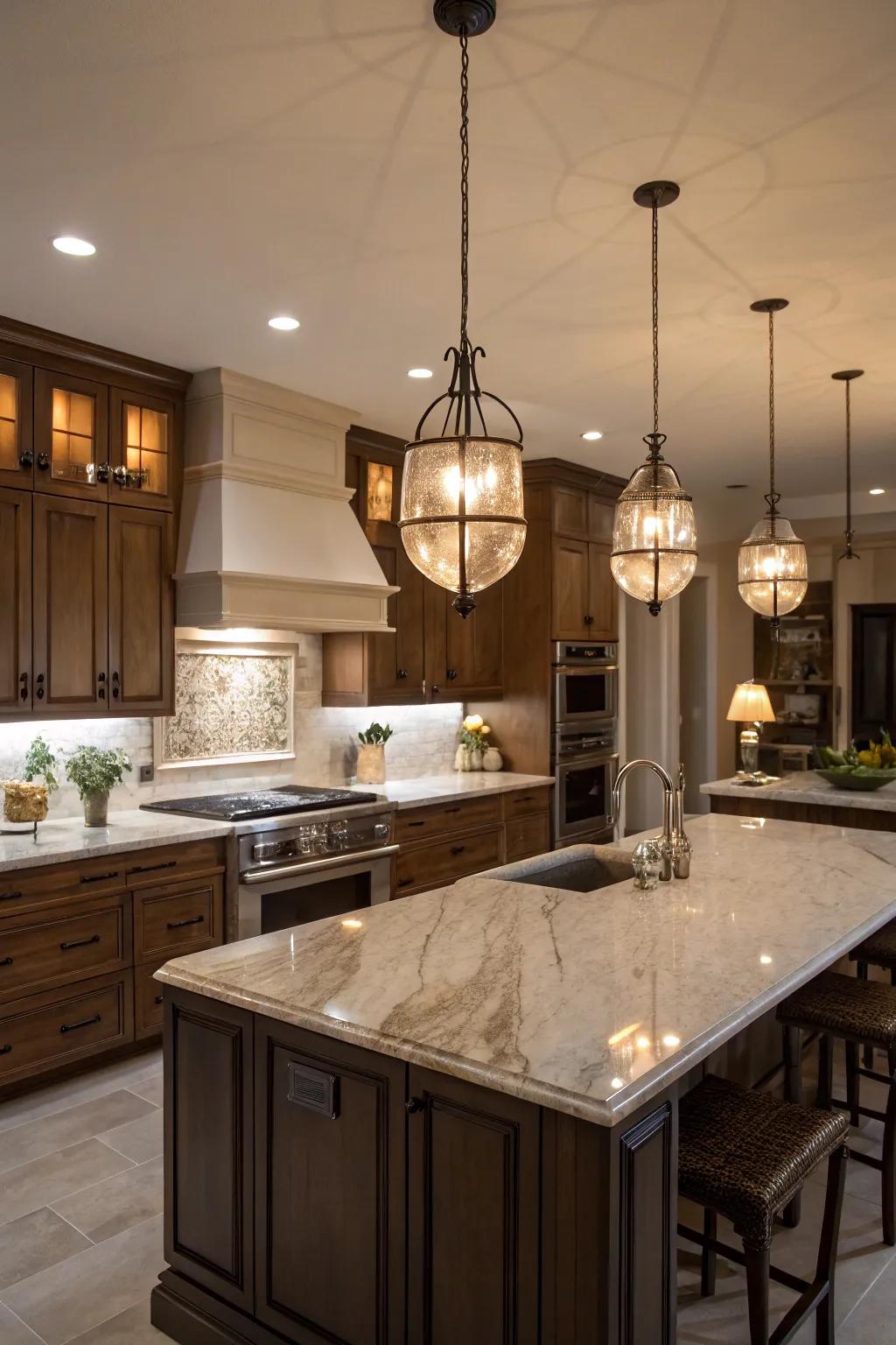 Strategic lighting enhances the kitchen's ambiance and functionality.