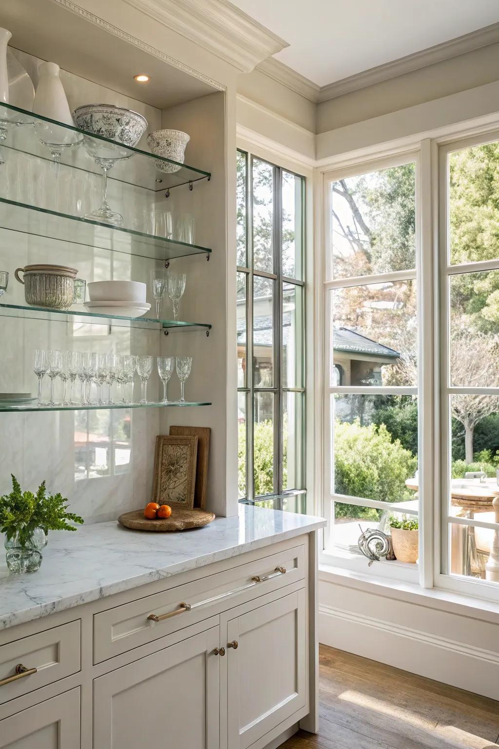 Glass shelves maintaining an open and airy feel, perfect for compact kitchens.