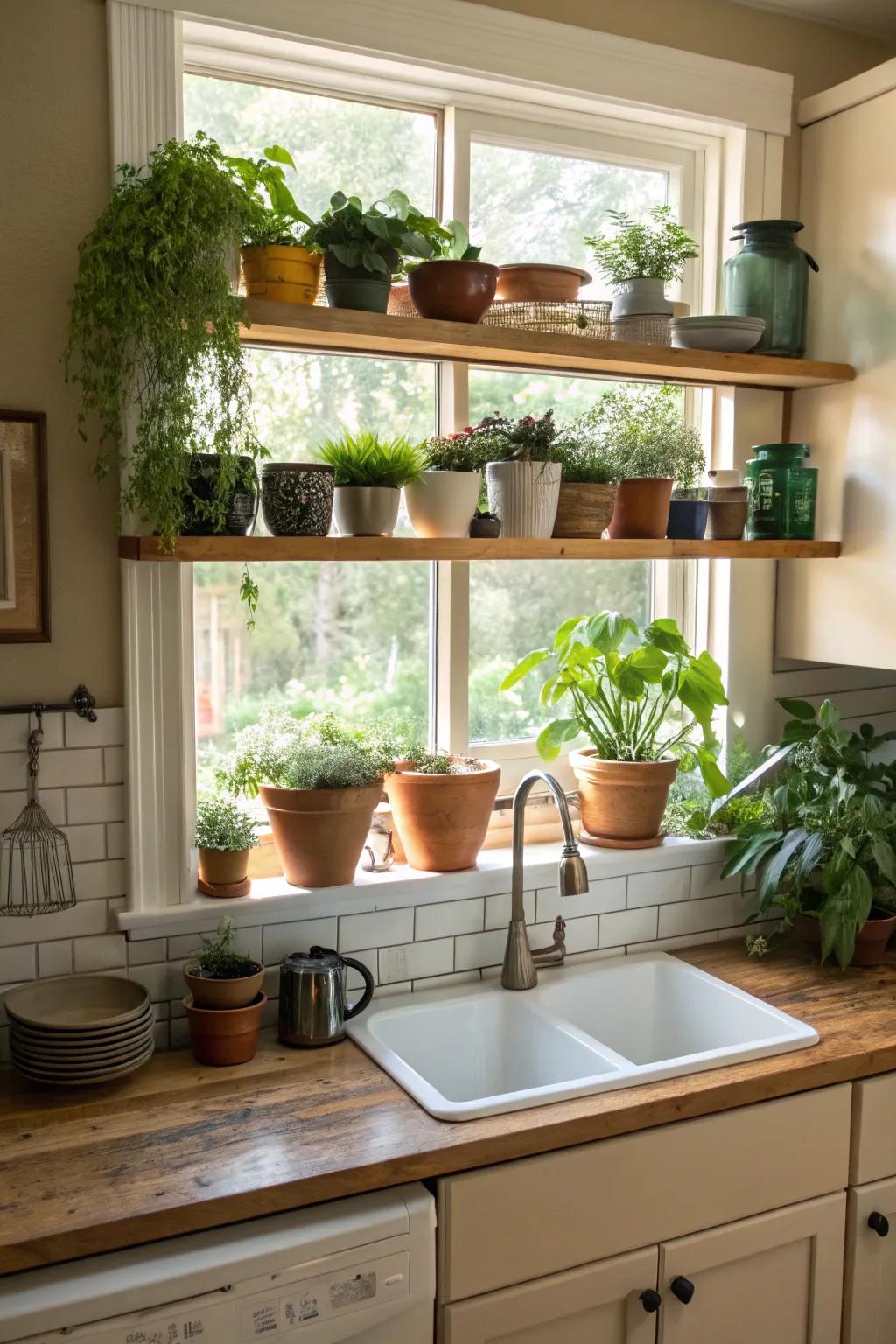 Built-in shelving under a kitchen window exhibiting attractive plants.