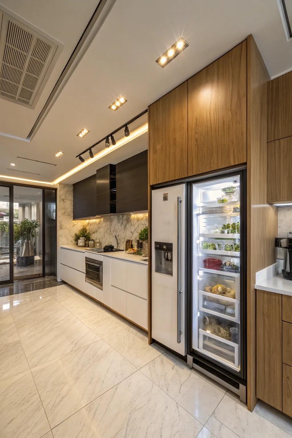 A fridge strategically positioned to divide the kitchen and dining area in an open-plan layout.