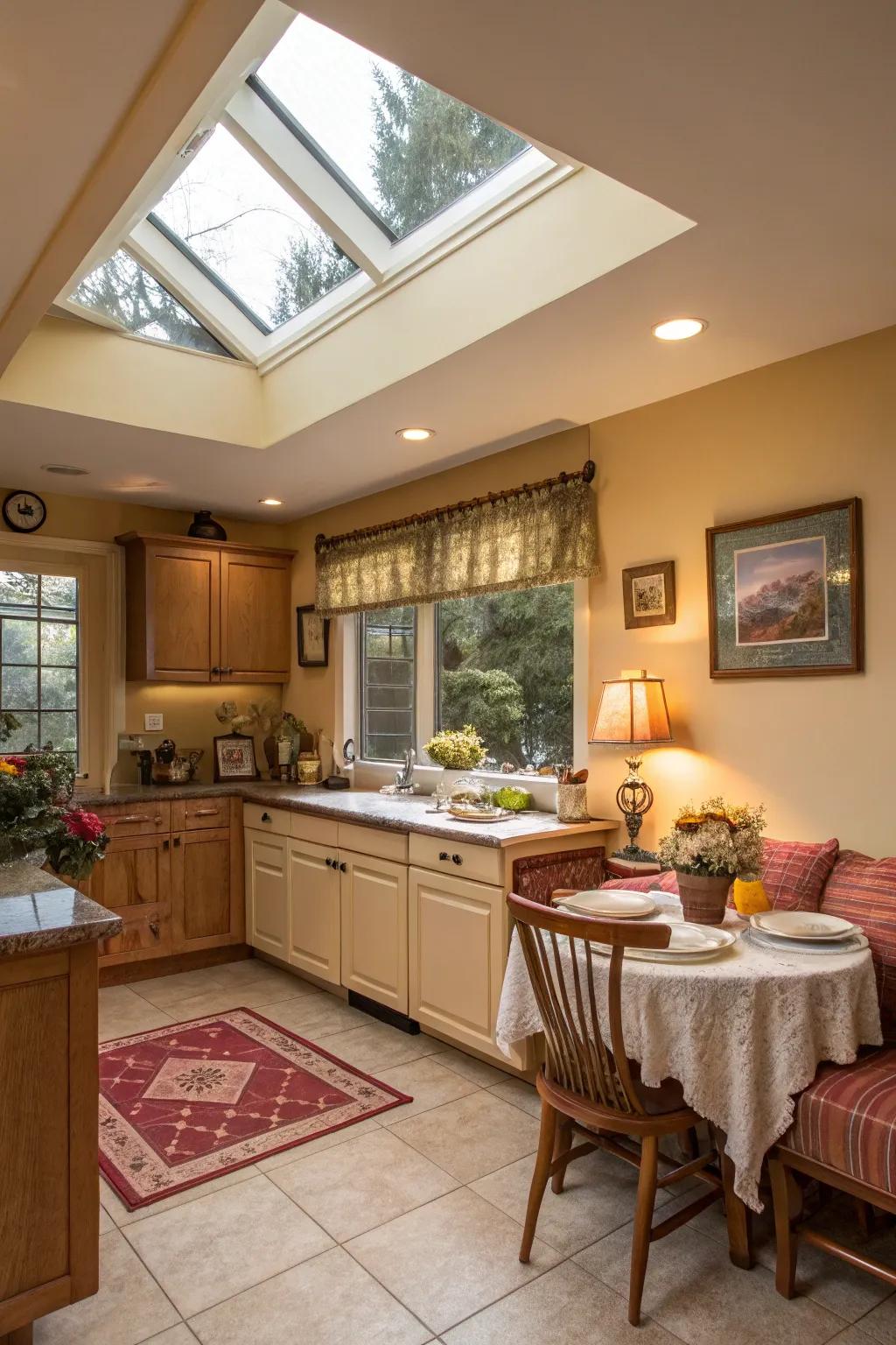 The kitchen has a cozy and inviting vibe because of the warm shades and sunlight.