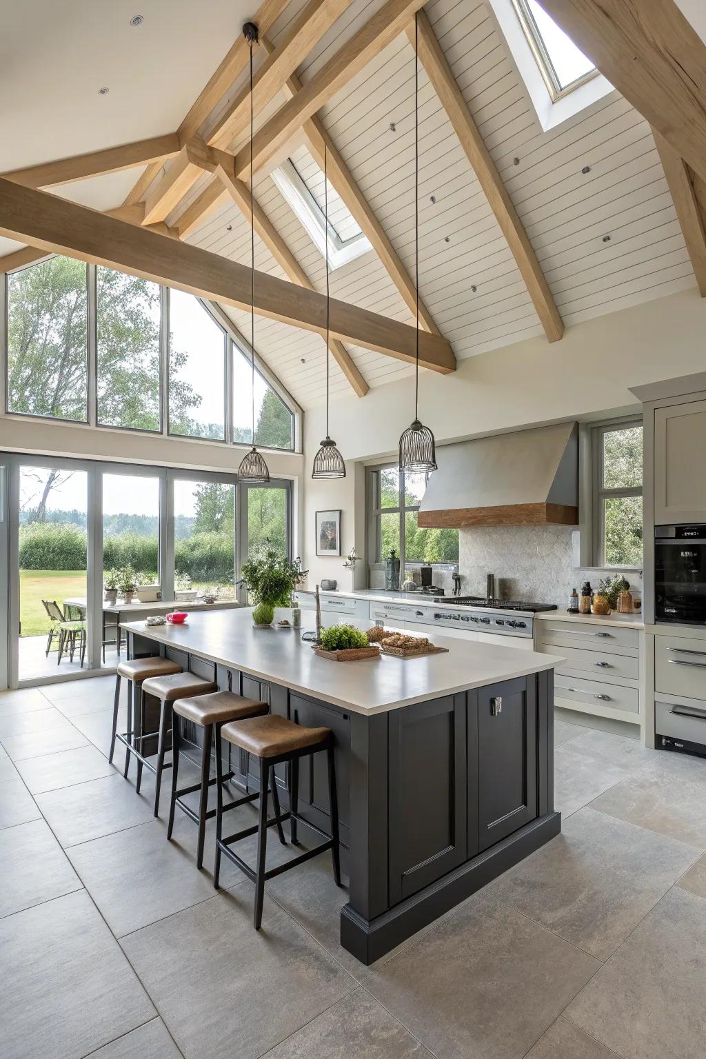 A central island anchors this kitchen, complemented by a striking vaulted ceiling.