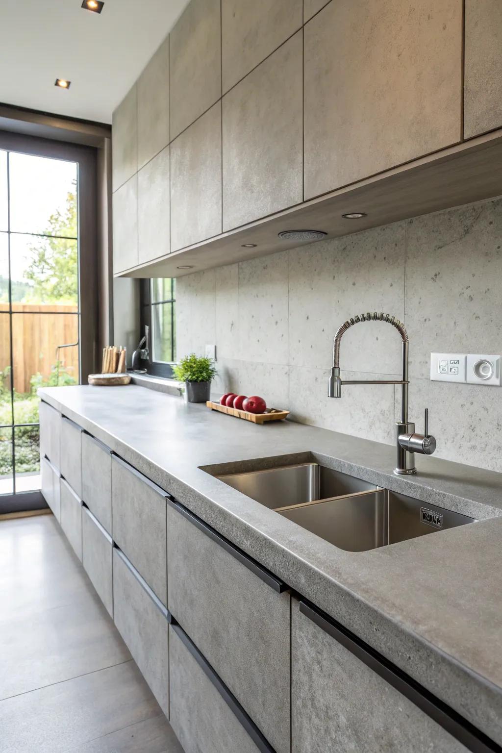 A cooking space where engineered stone worktops smoothly connect with the basin and back panel.