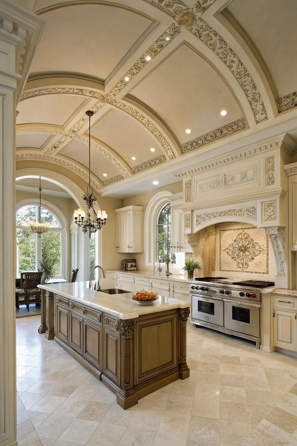 Ornamental details enhance the elegance of the kitchen's high ceilings.