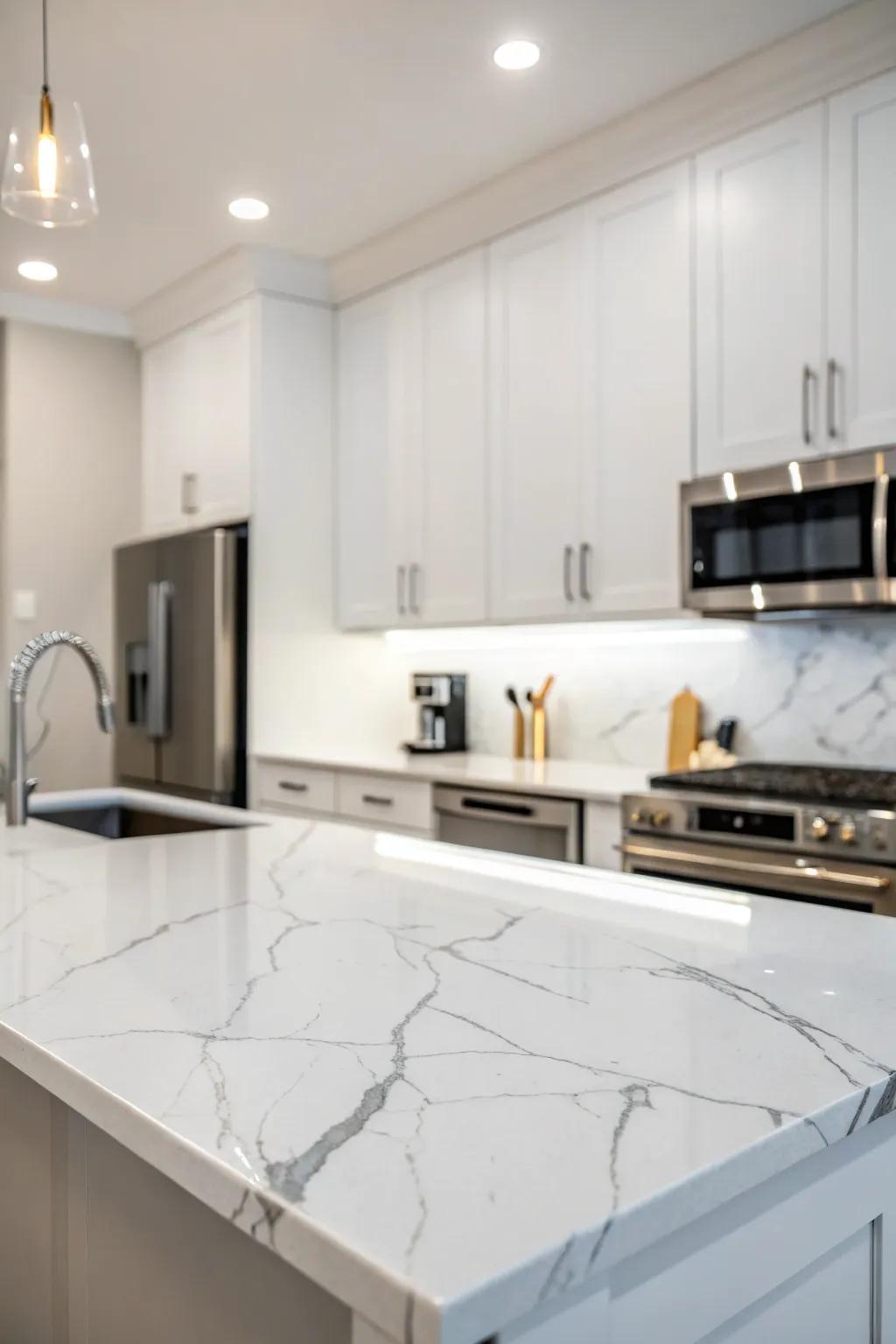 Luxurious yet low-maintenance marble-look quartz countertops.