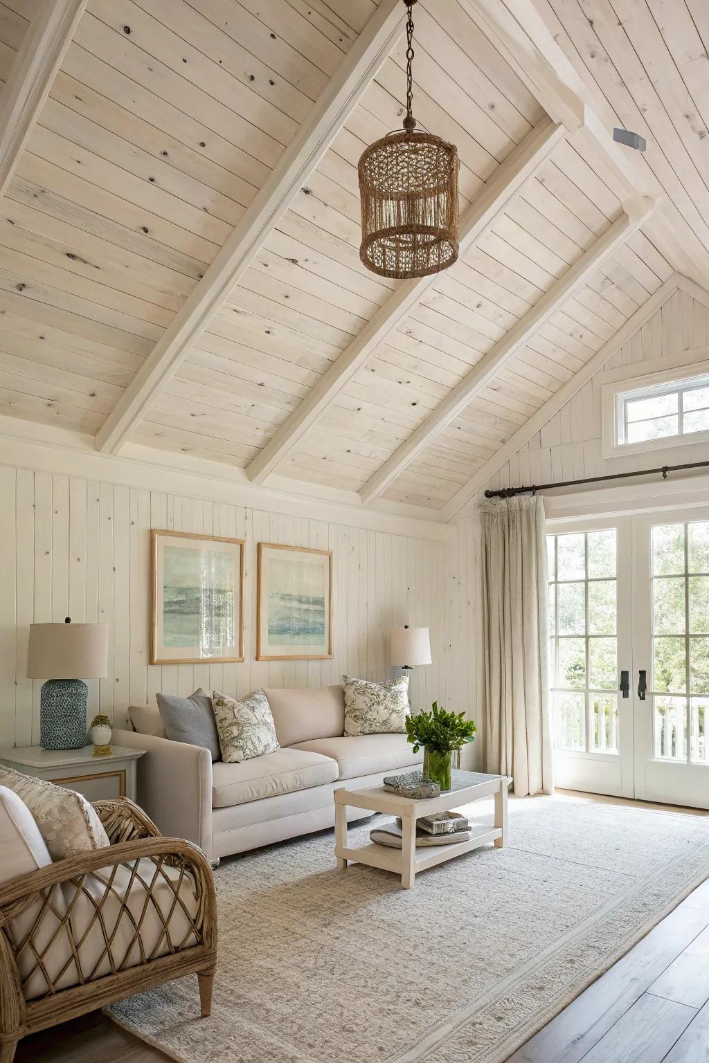 A room with a fresh and airy whitewashed pine planked ceiling.