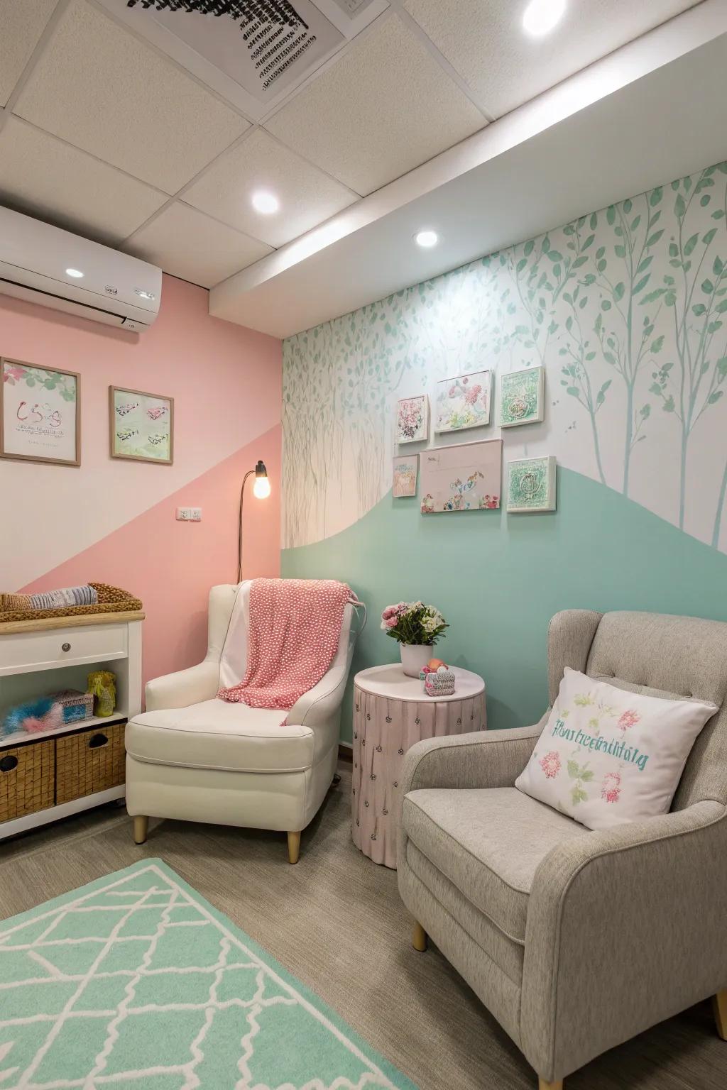 Pastel shades create a peaceful and relaxing setting.