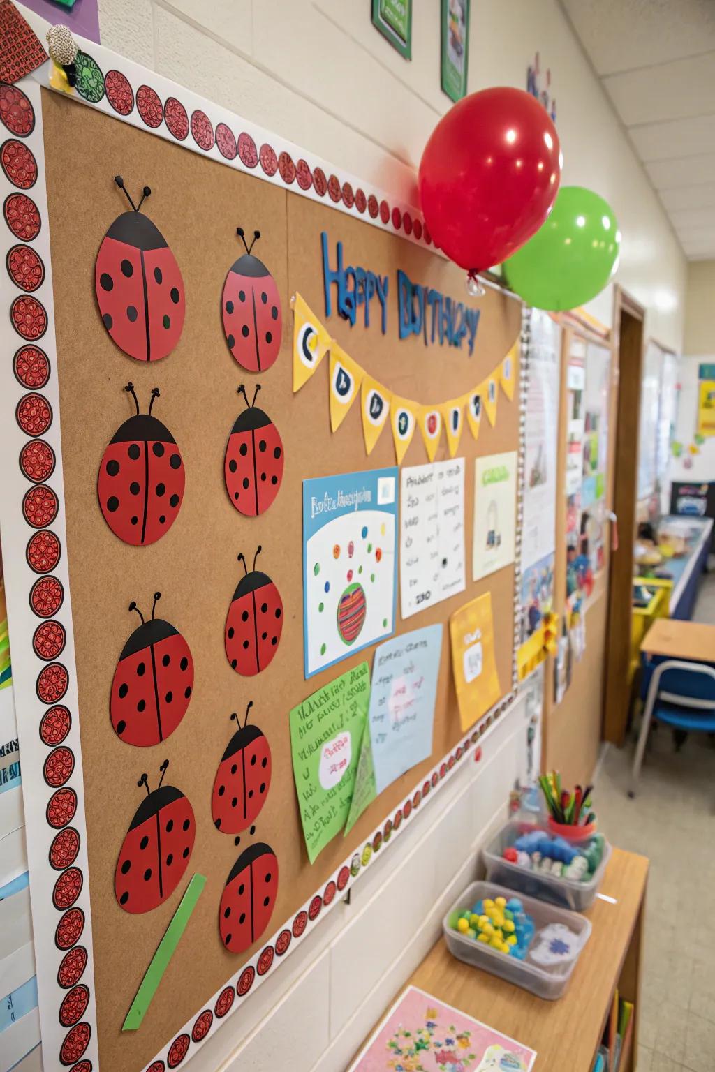 A festive beetle birthday board celebrating pupils' special days.