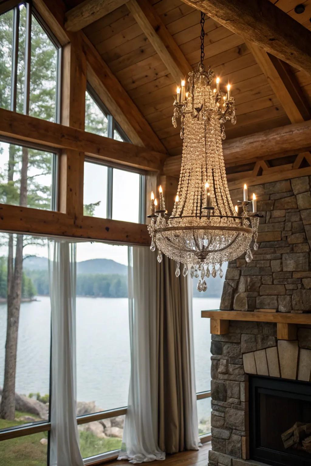 Chandeliers contribute a hint of refinement to rustic interiors.