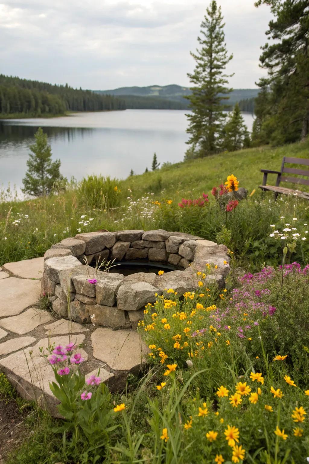 Natural stone fits in nicely with the lakeside setting.