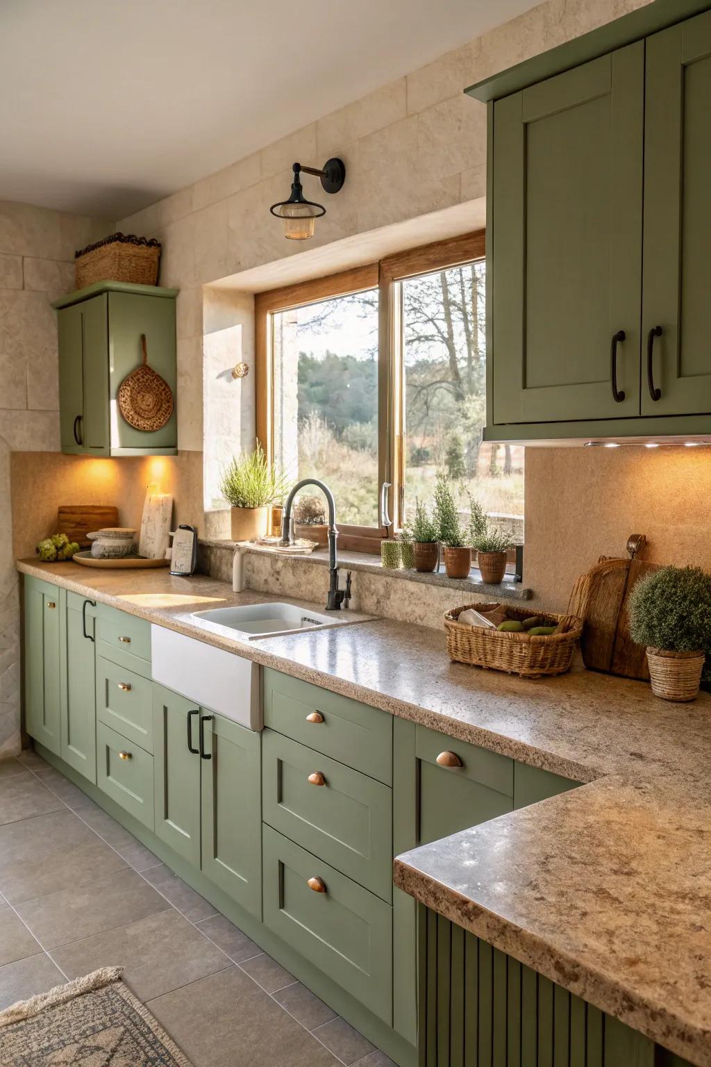 Earth-toned synthetics create a welcoming and warm cooking space ambiance.