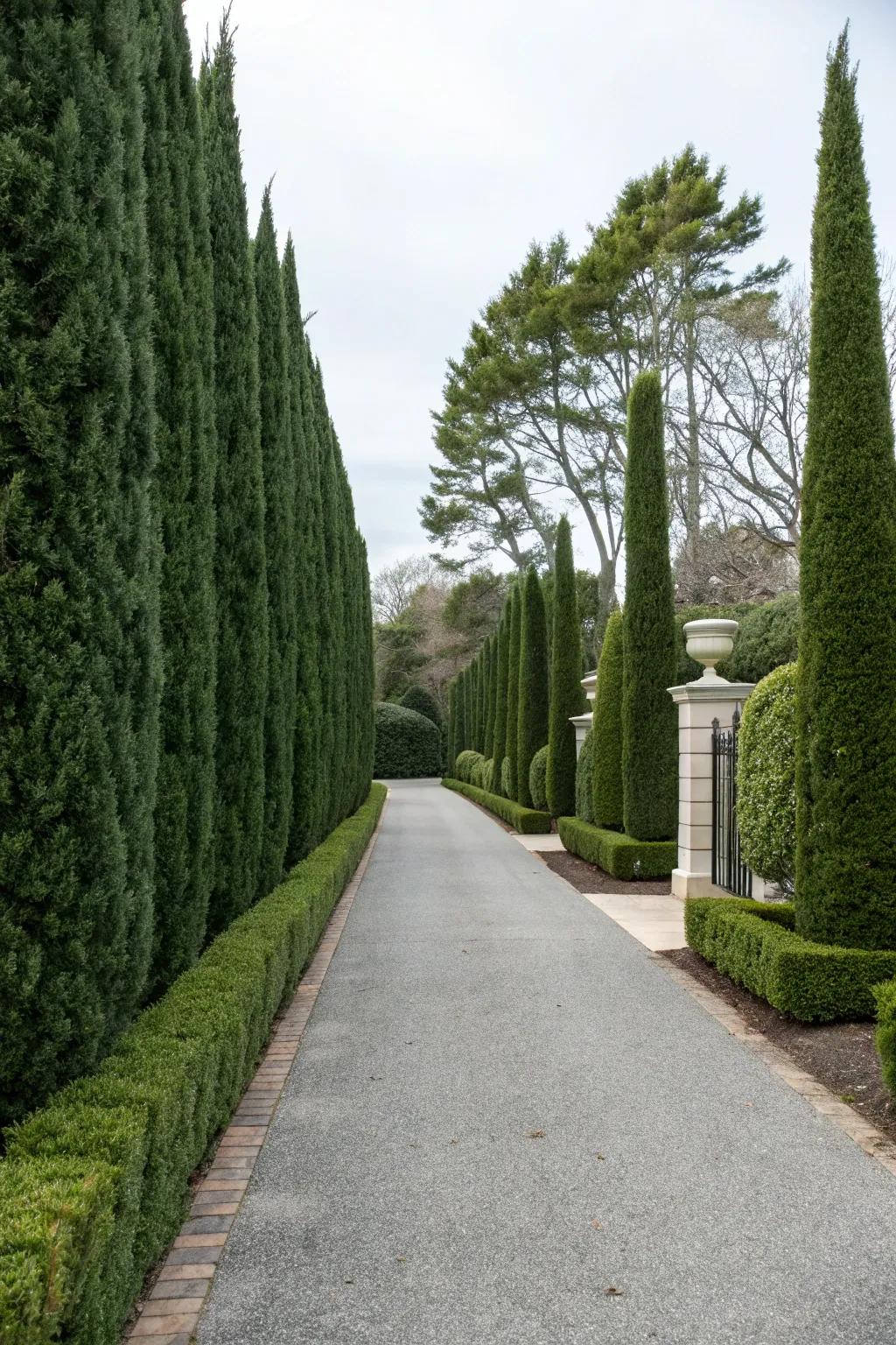Hedges provide privacy and a classic touch to any driveway.