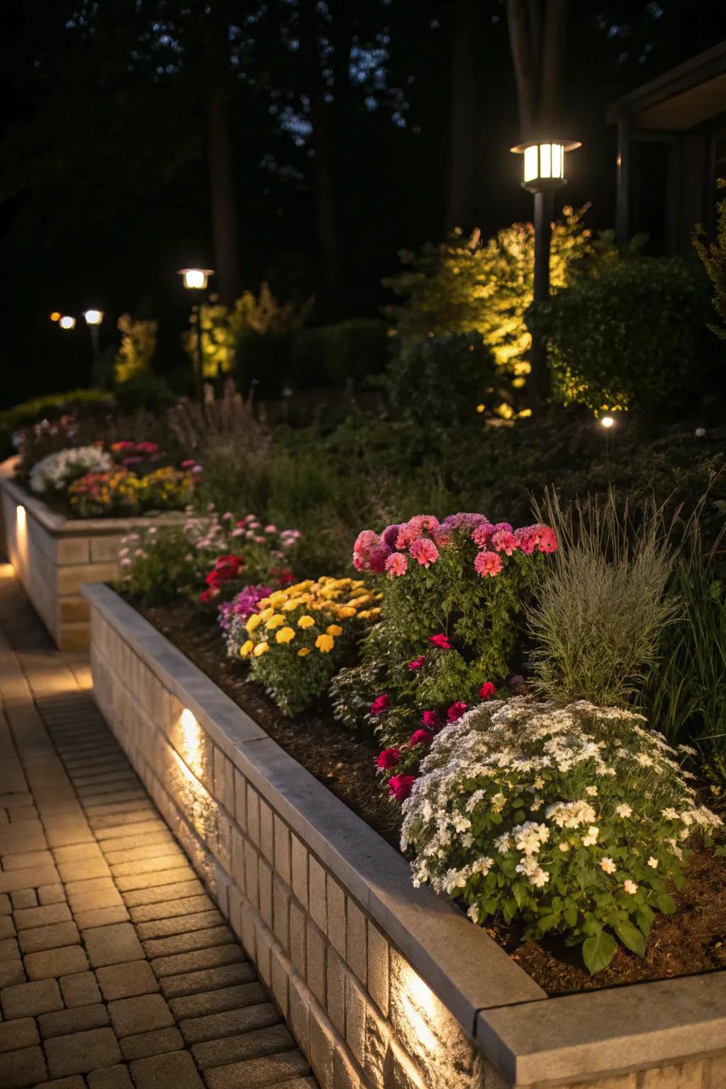 Thoughtful garden bed lighting emphasizes the beauty of nature at night.