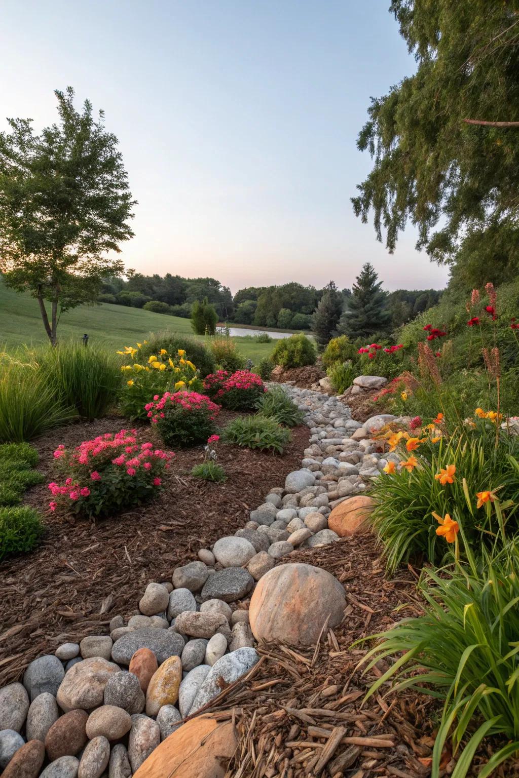 Mix ground cover and stones for a textured garden design.