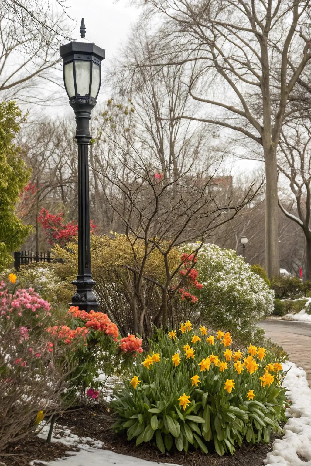 Seasonal plants introducing dynamic shifts to the standing light's vicinity.