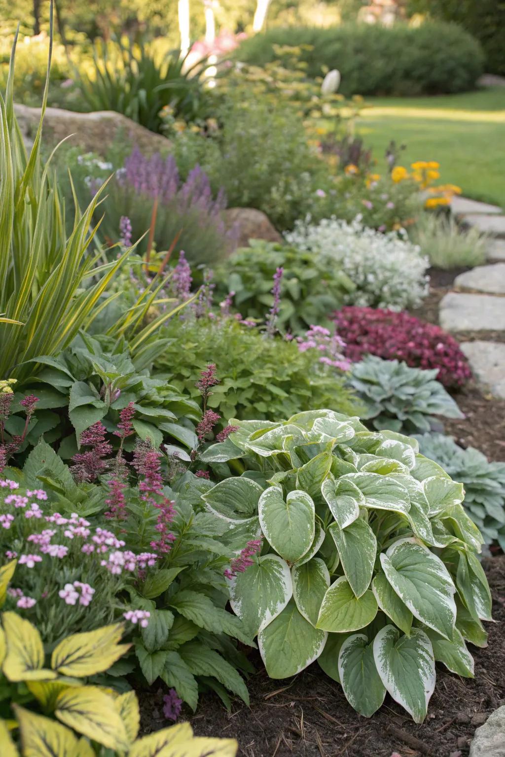 A textured garden bed with a variety of greenery for visual interest.
