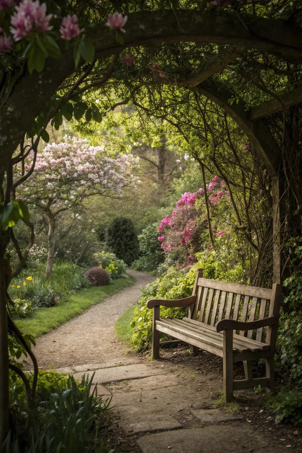 A secluded garden nook featuring a cozy bench, perfect for relaxation.
