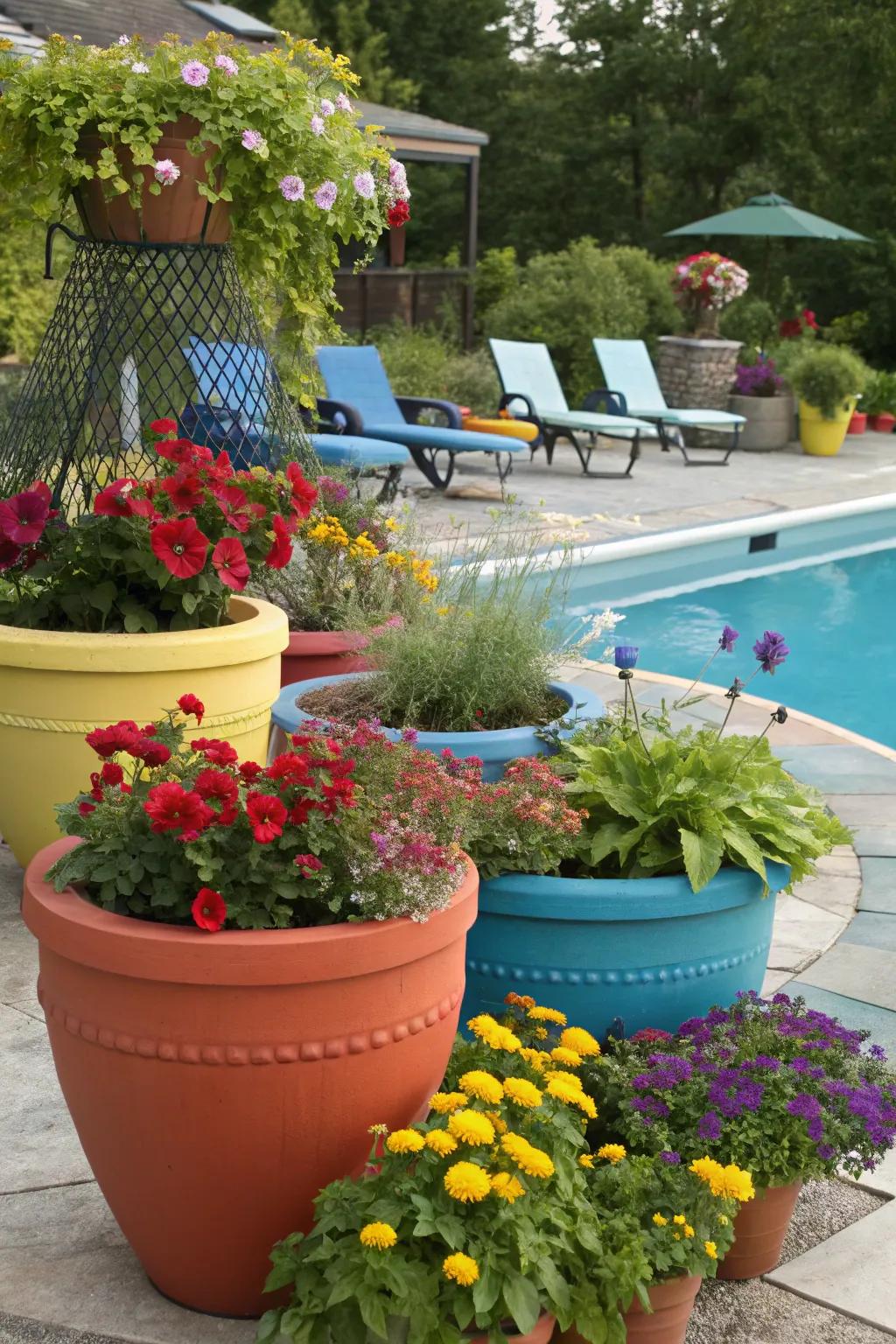 Pots and planters introduce decorative elements that aid in disguising pool equipment.