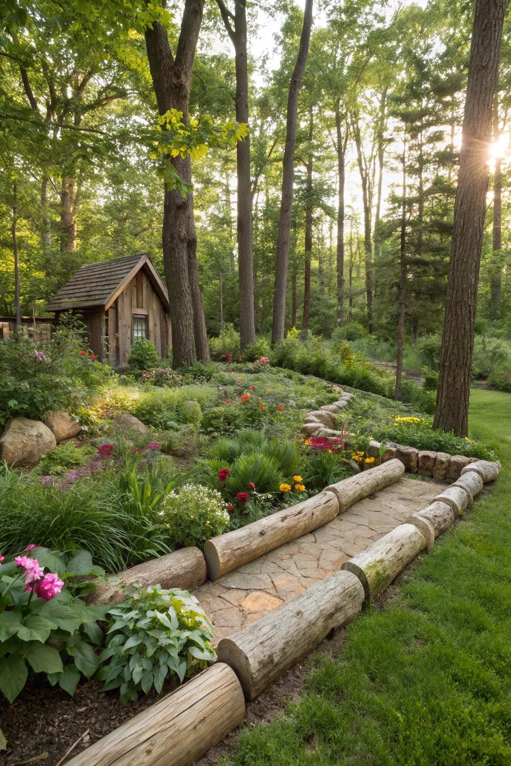 Logs employed as unprocessed borders within a forest sanctuary.