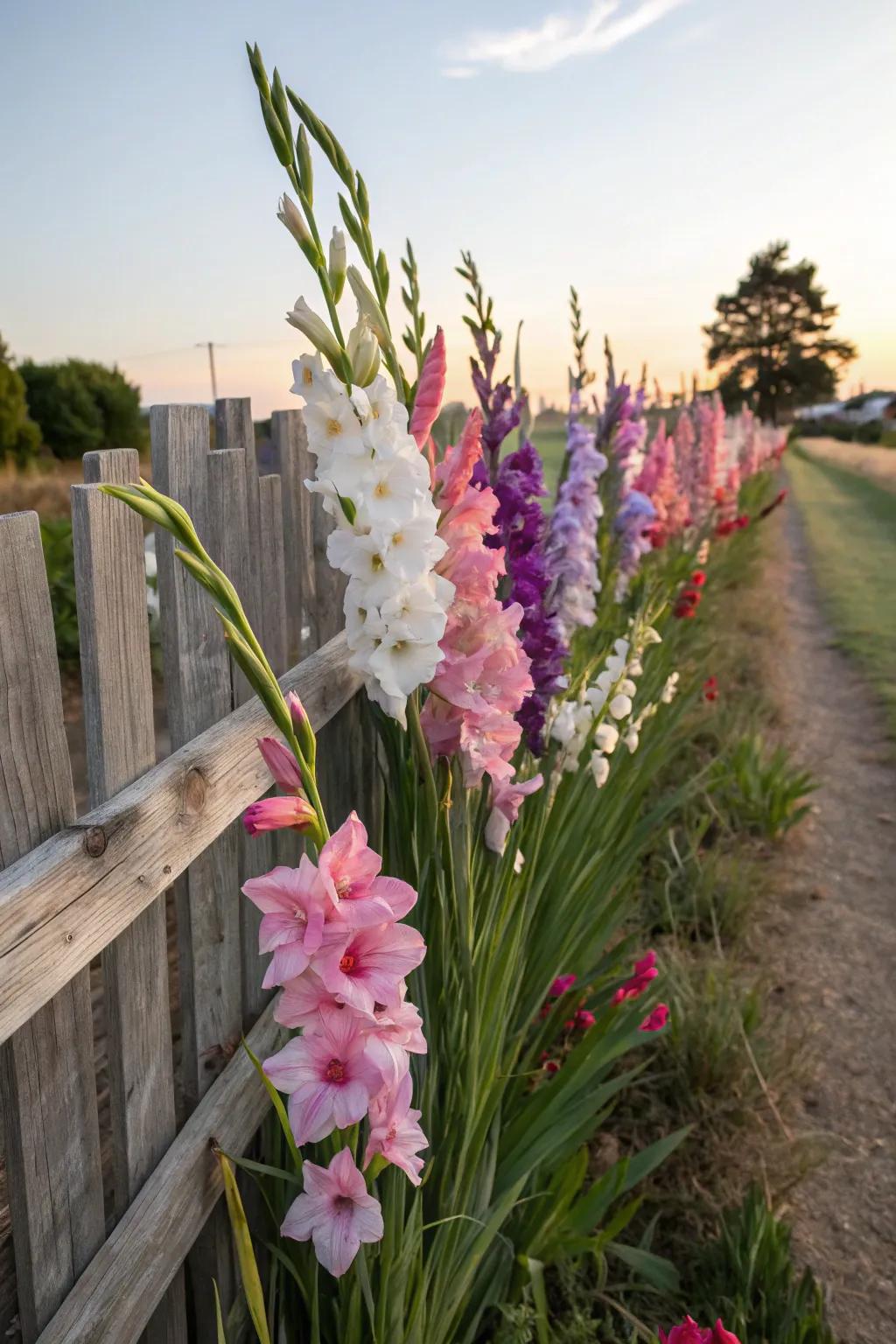 Sword lilies create a stunning backdrop against a rustic fence.