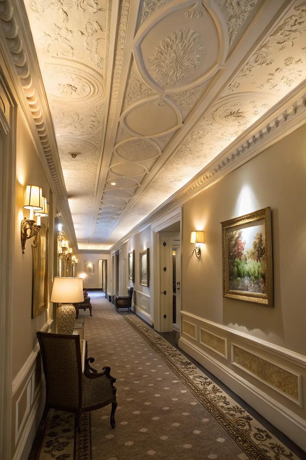 A exquisitely adorned hallway showcasing ample trim outline, heightening its grace.