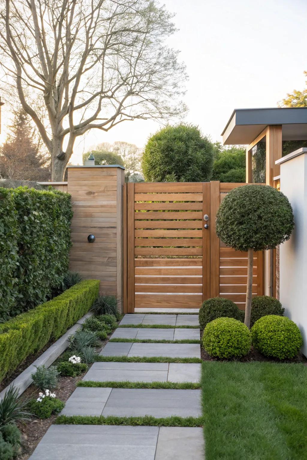 An entrance featuring horizontal slats merges contemporary design with seclusion.