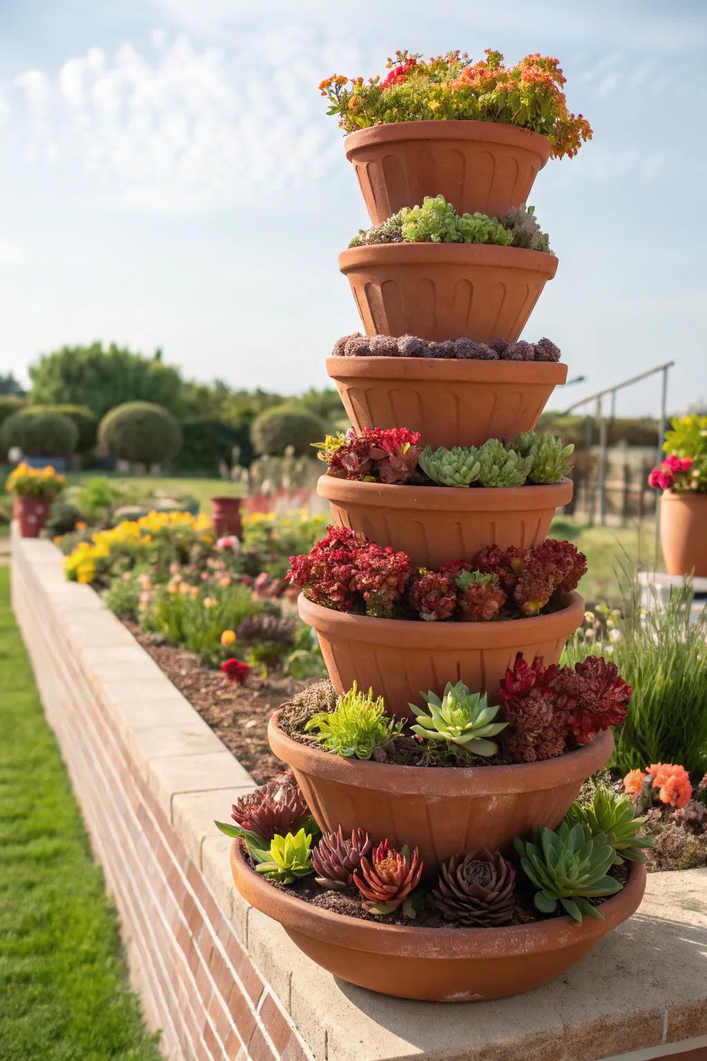 A tiered terracotta setup showcasing a variety of succulents.