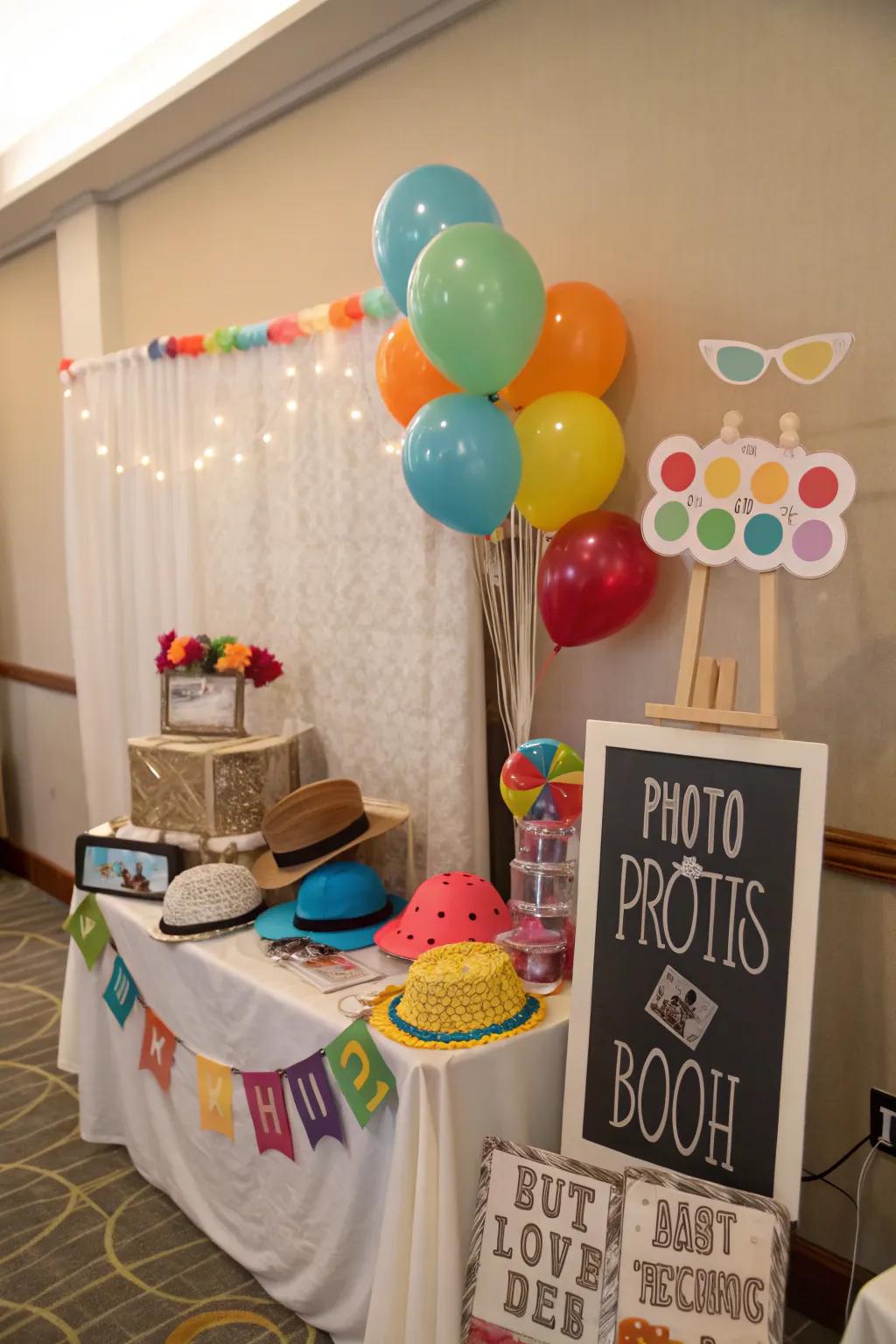 A playful photo booth corner adds fun and creates memories to last.