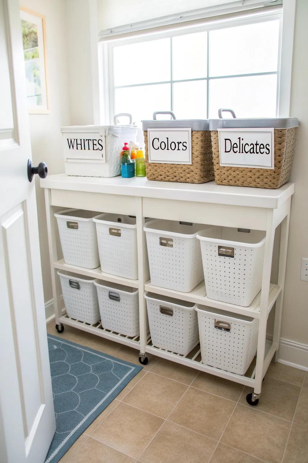 Keeping organized bins makes washing laundry a snap.