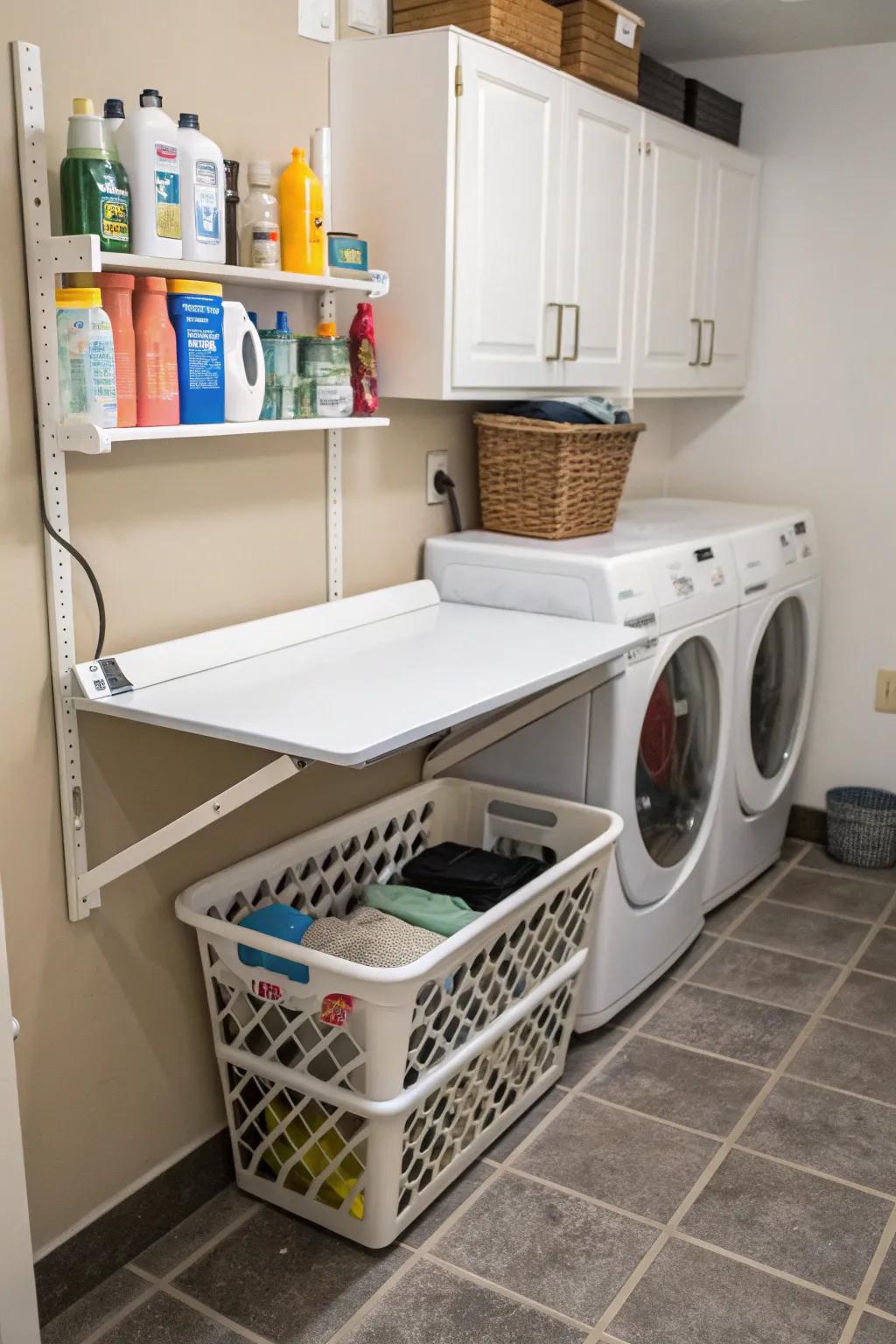 A wall-mounted table provides flexibility in small spaces.