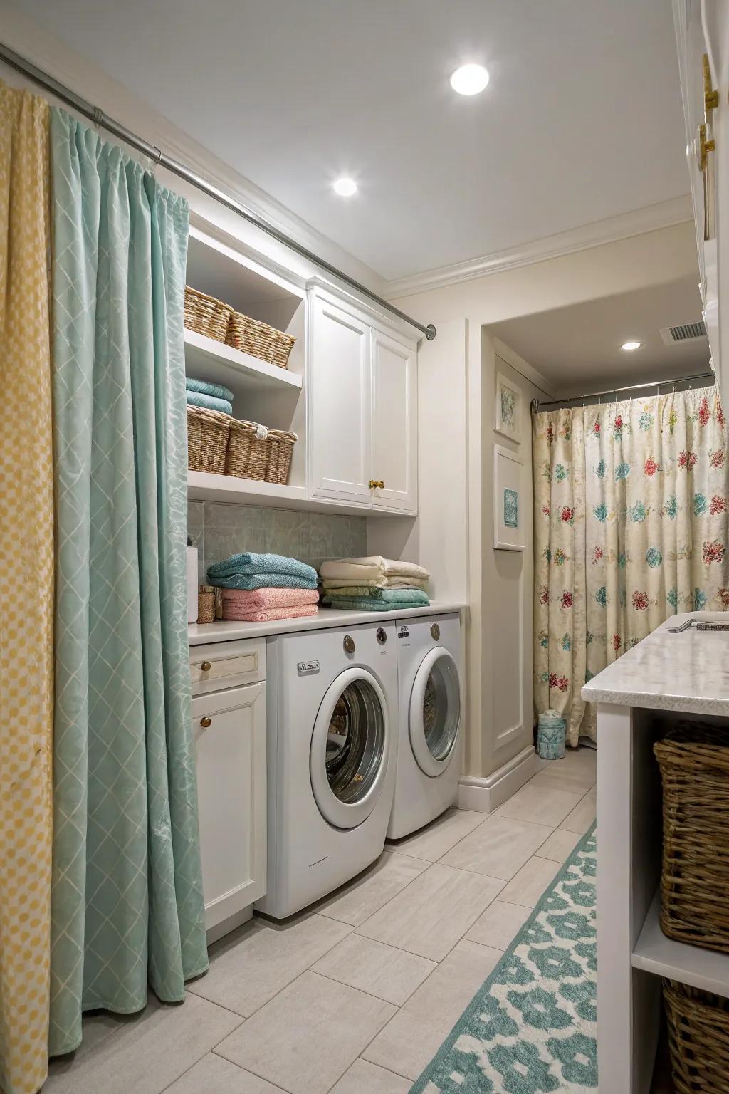 Coordinated drapes can bring harmony to your laundry zone decor.