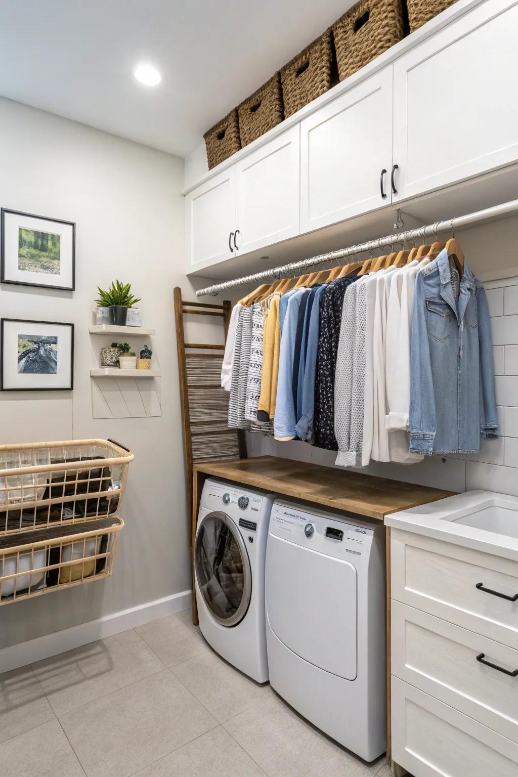A wall-mounted drying rack is a great way to save space when air-drying clothes.
