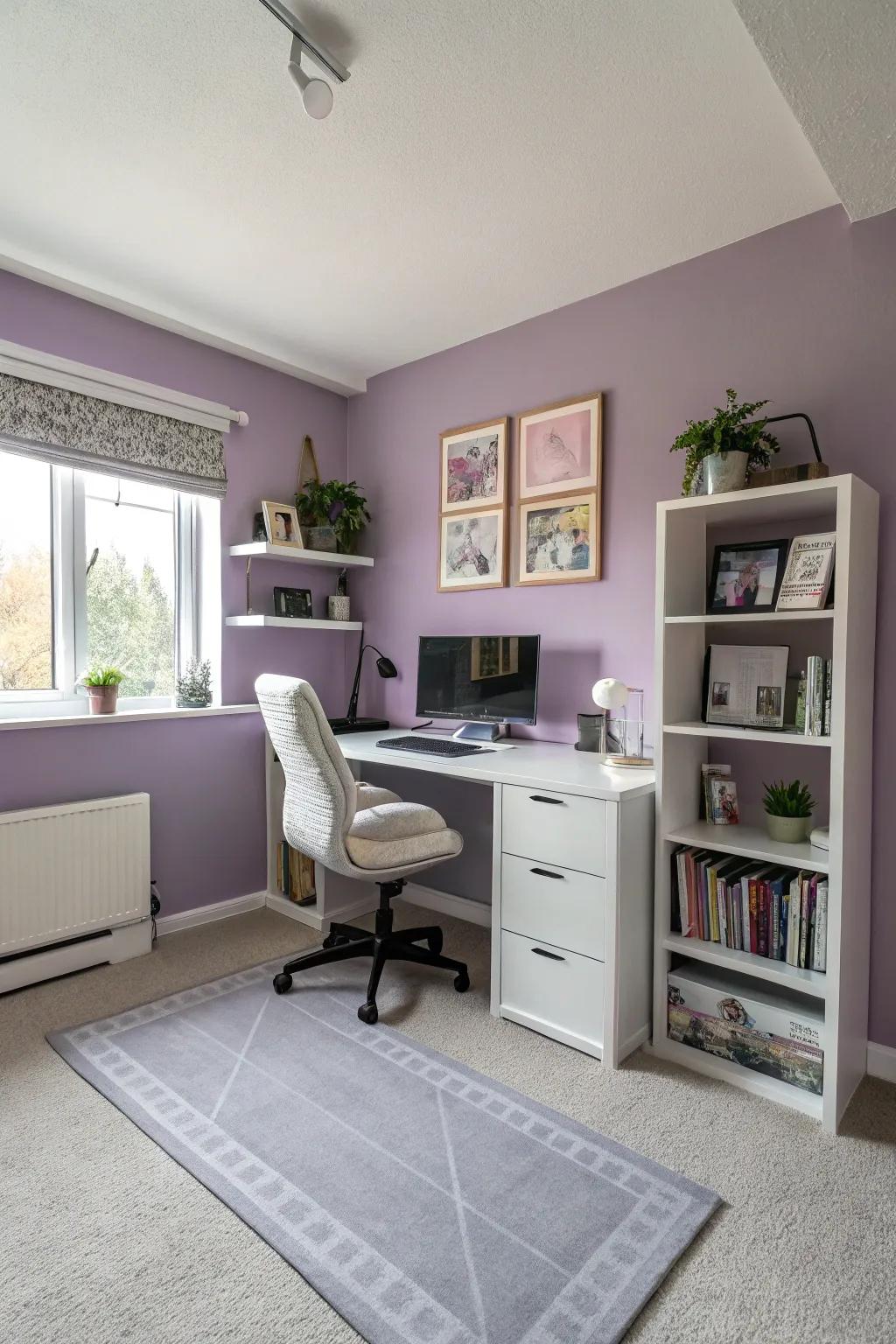 A calming home office with lavender walls and desk mat for a focused work environment.