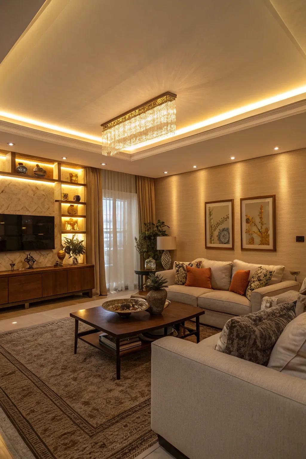 Refined ambiance through LED cove lighting.