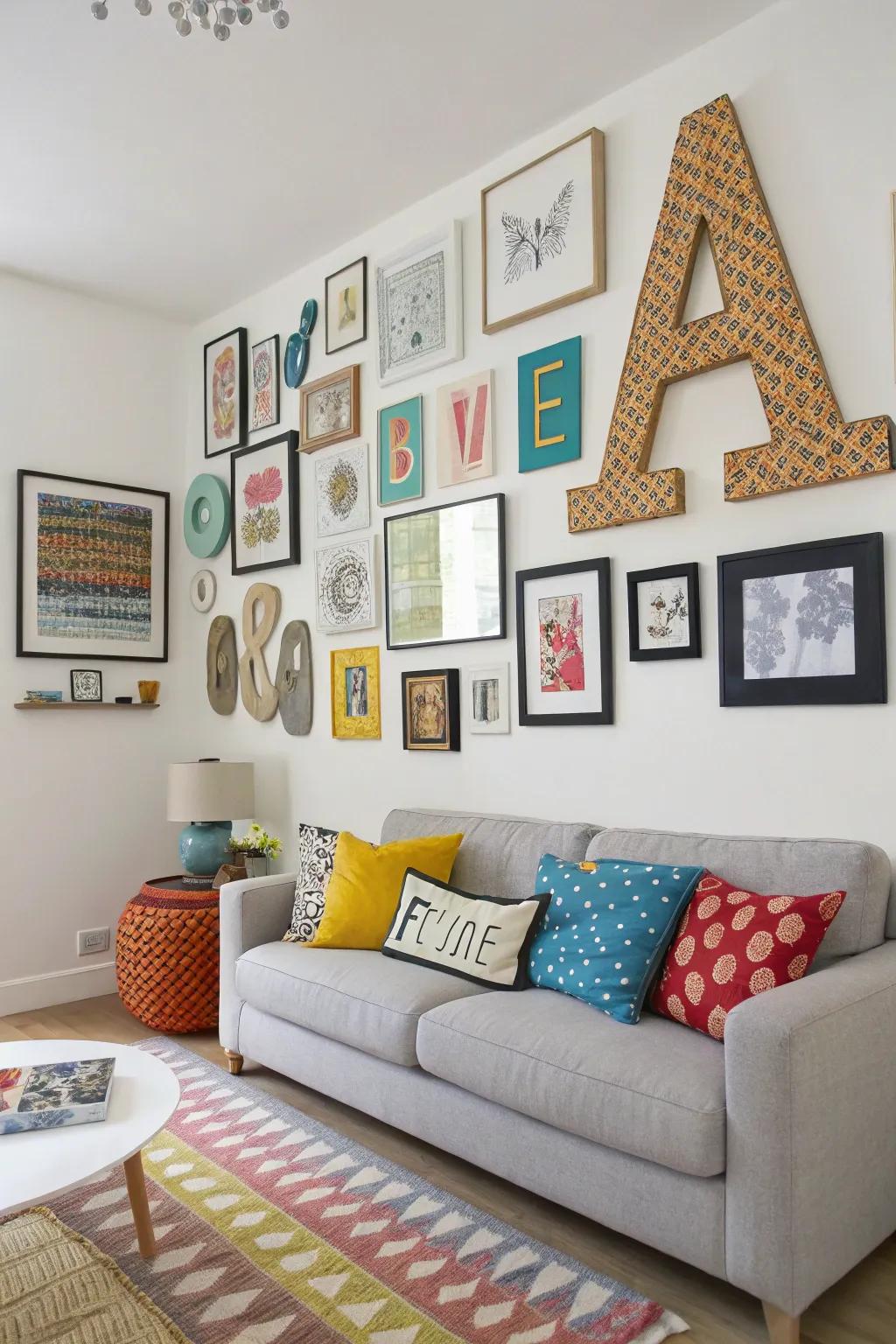 A creative wall display featuring letters and art.