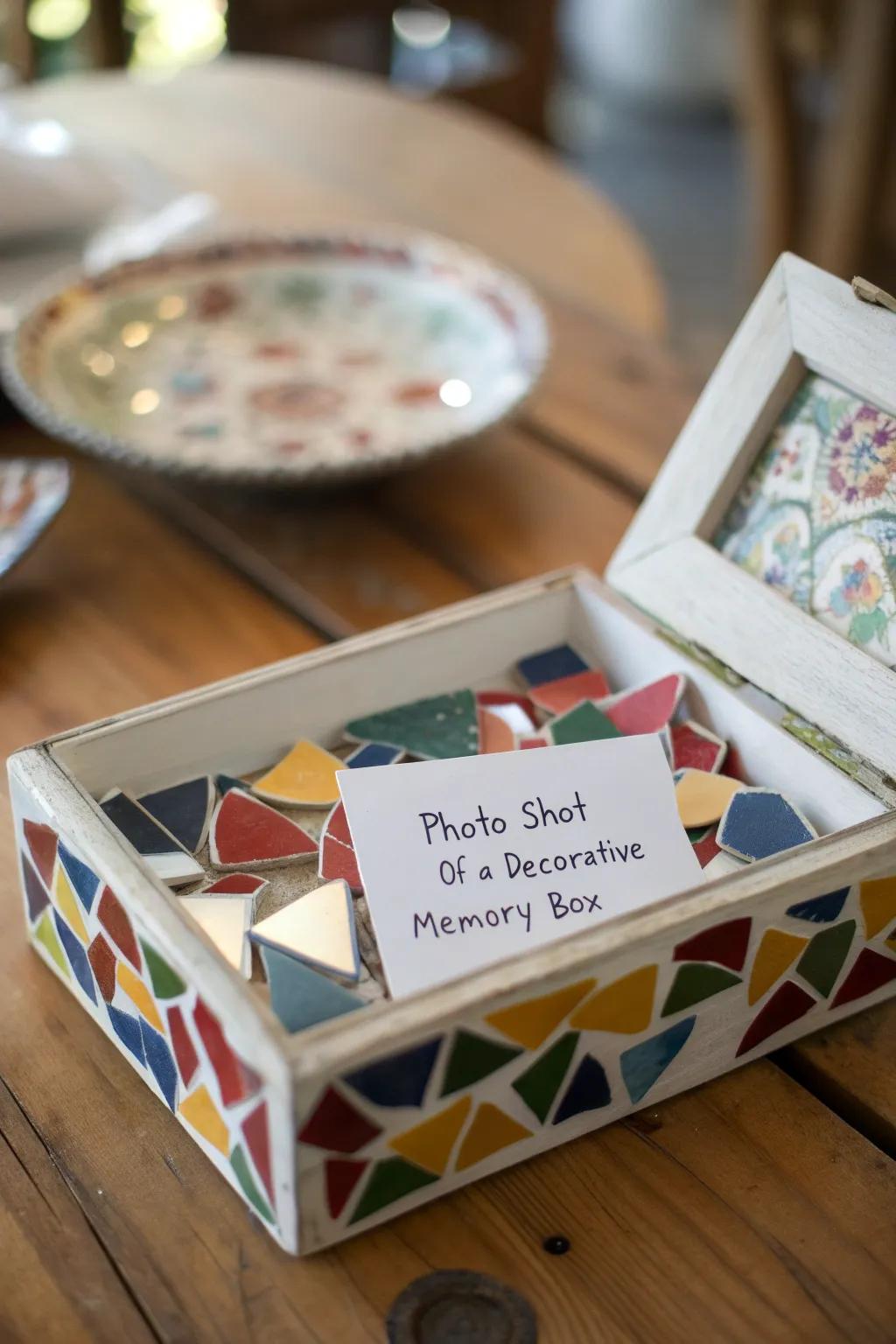 A memory box filled with broken plate fragments and personal notes.