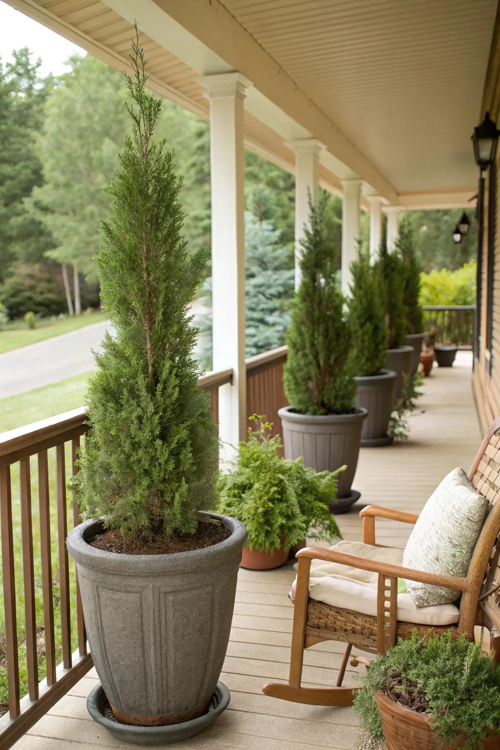 Add elegance to your entryway through potted Evergreen Sentinel trees.