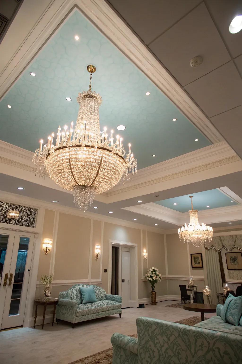 A light blue ceiling beautifully complements an elegant chandelier.