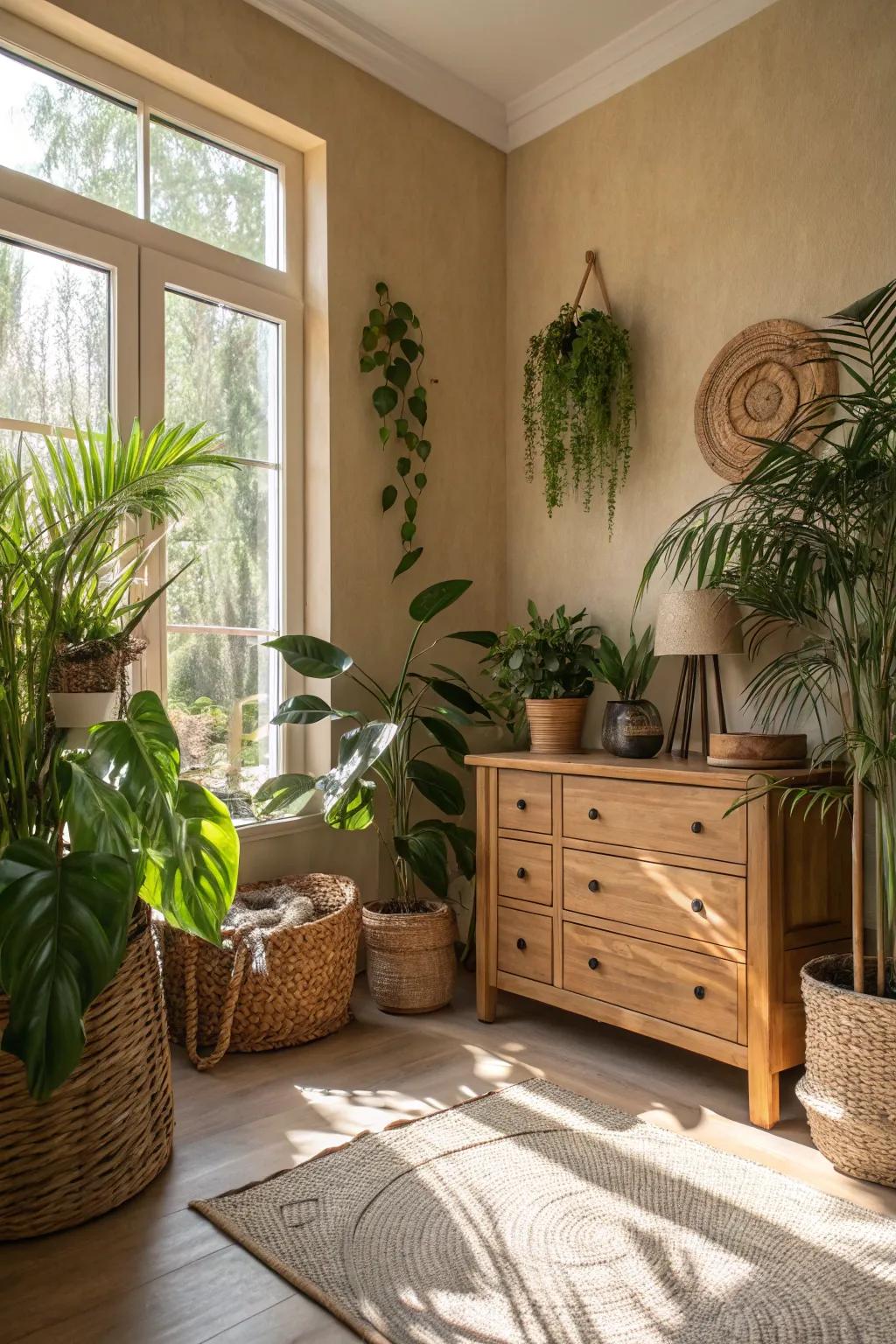 Greenery infuses life into a gentle tan area.