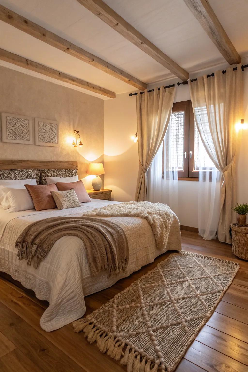 Natural shade flooring adds warmth to this inviting bedroom.