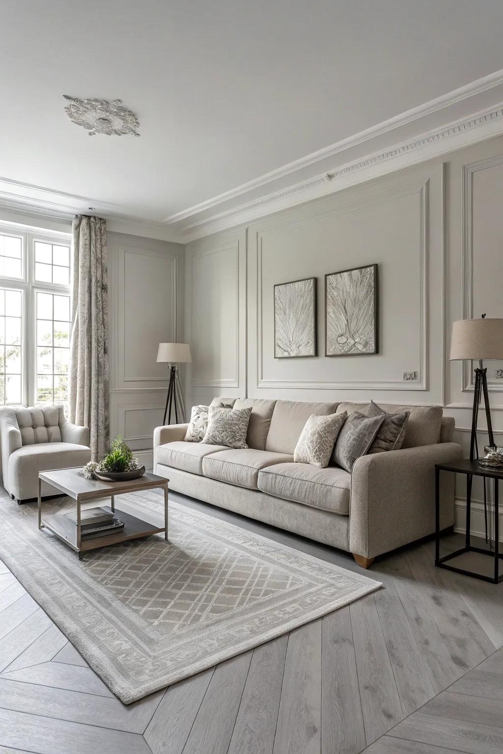 A chic monochromatic living area with light grey flooring.